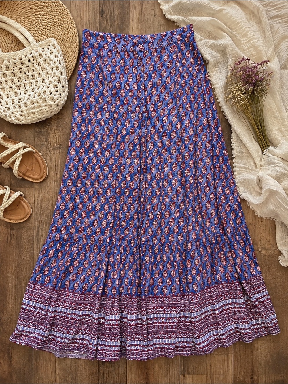 Mango NWT Blue Red Paisley Boho Maxi Skirt US Size S